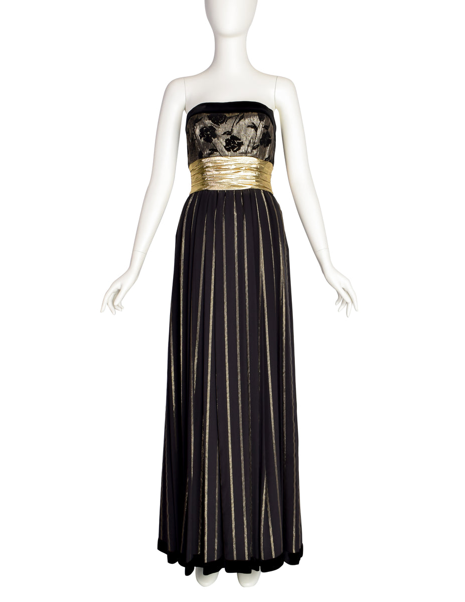 Escada Vintage Black and Gold Silk and Velvet Floral Striped Evening Gown Dress Escada Vintage Black and Gold Silk and Velvet Floral Striped Evening Gown Dress