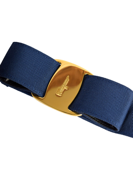 Ferragamo Vintage Vara Royal Blue Grosgrain Gold Bow Buckle Belt