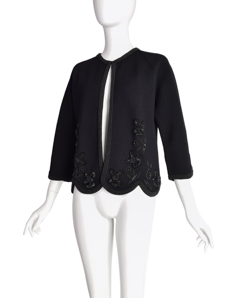 Gene Shelly's Vintage 1950s Black Knit 3D Floral Hand Beaded Cardigan Sweater