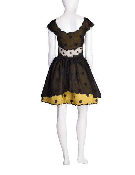 Geoffrey Beene Vintage Black Silk Chiffon Yellow Polka Dot Floral Backwards Dress