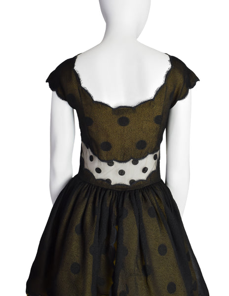 Geoffrey Beene Vintage Black Silk Chiffon Yellow Polka Dot Floral Backwards Dress