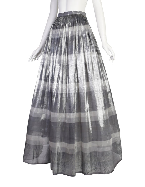 Geoffrey Beene Vintage Metallic Silver Striped Lame Semi-Sheer Full Length Skirt