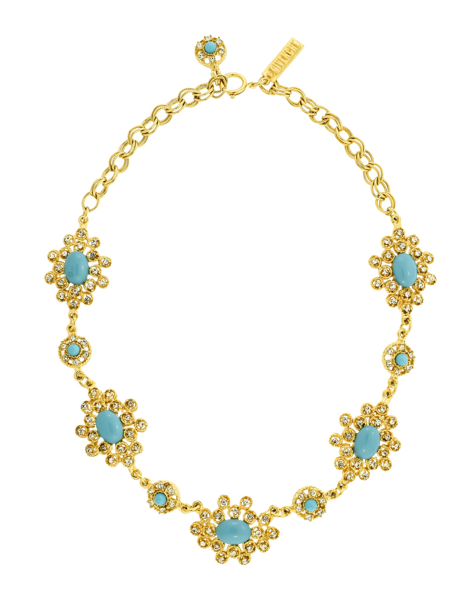 Givenchy Vintage 1960s Gold Rhinestone and Turquoise Cabochon Necklace
