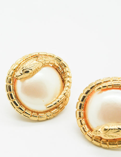 Givenchy Vintage Gold Snake Pearl Earrings