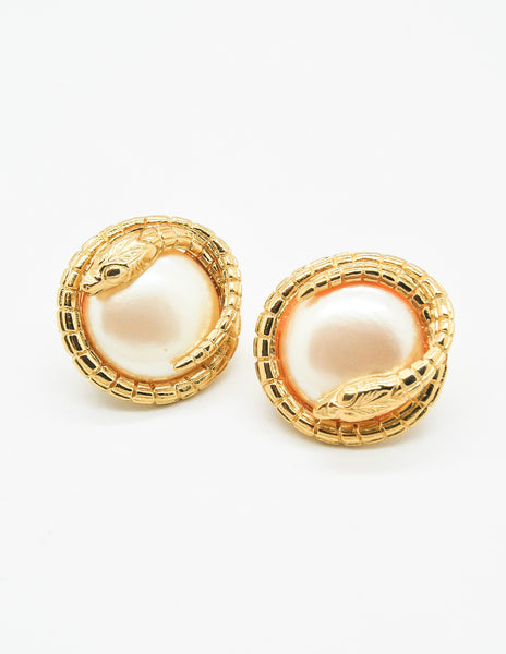 Givenchy Vintage Gold Snake Pearl Earrings