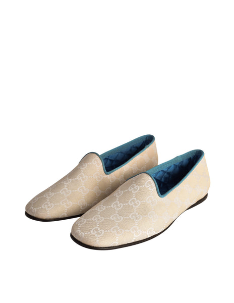 Gucci Vintage Creamy Beige GG Logo Monogram Canvas Fabric Turquoise Trim Slipper Loafers size 7.5