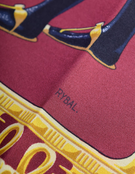 Hermes Vintage 1976 Tutankhamun Vladimir Rybaltchenko Burgundy Egyptian Theme Silk Carre Scarf