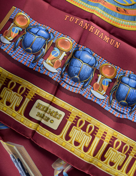 Hermes Vintage 1976 Tutankhamun Vladimir Rybaltchenko Burgundy Egyptian Theme Silk Carre Scarf