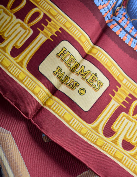 Hermes Vintage 1976 Tutankhamun Vladimir Rybaltchenko Burgundy Egyptian Theme Silk Carre Scarf