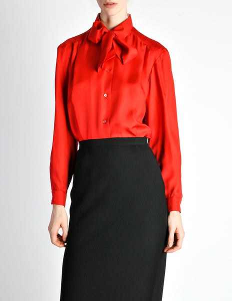 Hermès Vintage Red Silk Bee Jacquard Secretary Blouse Shirt
