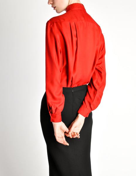 Hermès Vintage Red Silk Bee Jacquard Secretary Blouse Shirt