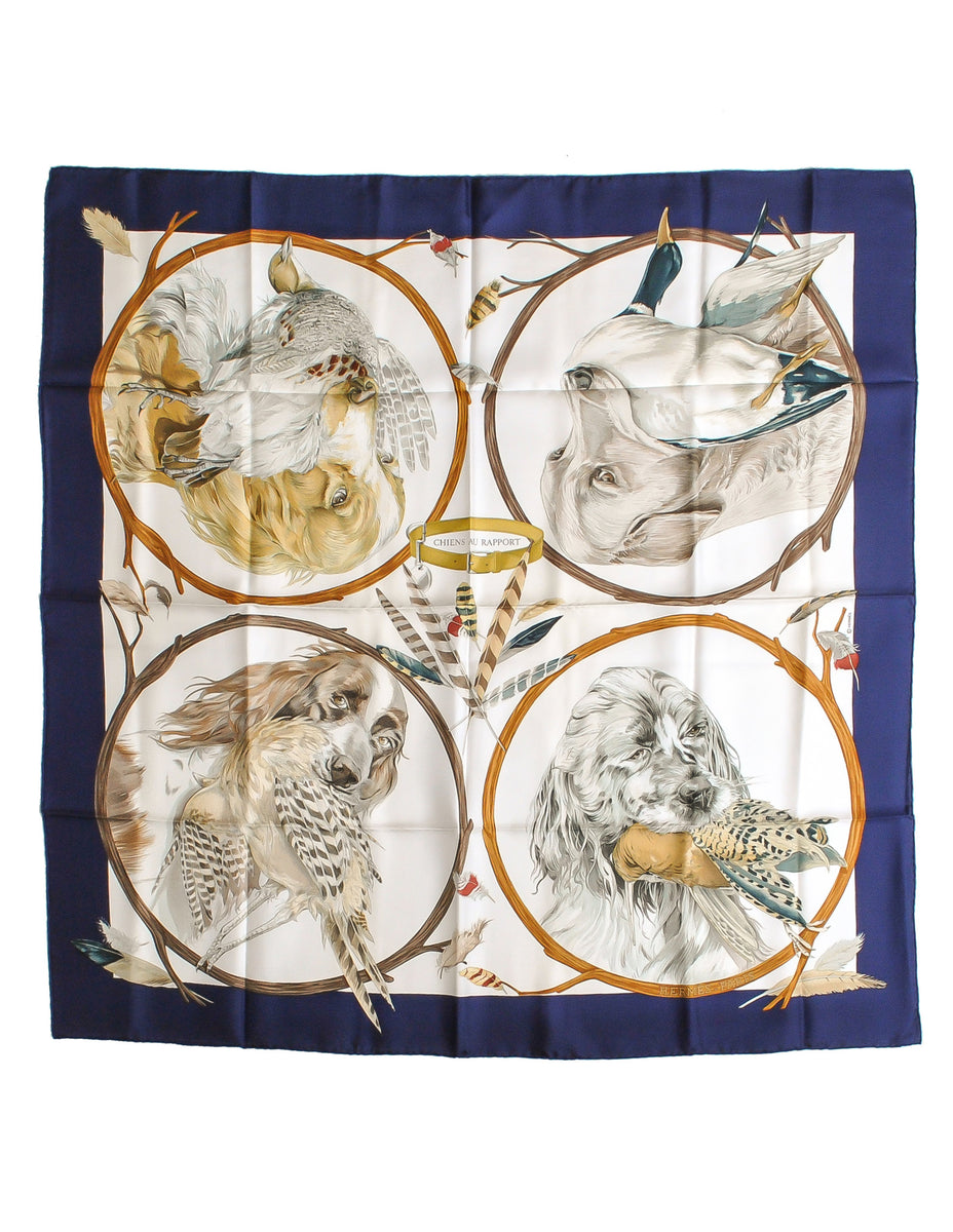 P919 エルメス CHIENS AU RAPPORT 犬 スカーフ レディース Hermès Vintage Chiens Au Rapport by Carl De Parcevaux Silk Carre