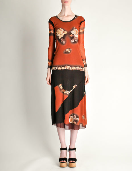 Jean Paul Gaultier Vintage Black & Rust Floral Mesh Dress
