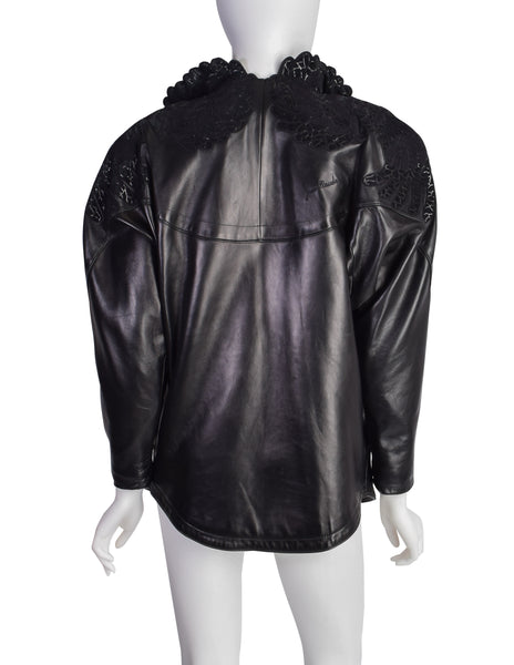 Jean Claude Jitrois Vintage Black Leather Embroidered Applique Jacket