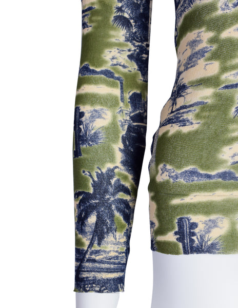 Jean Paul Gaultier Vintage Green Blue Cuba Print Mesh Long Sleeve Shirt