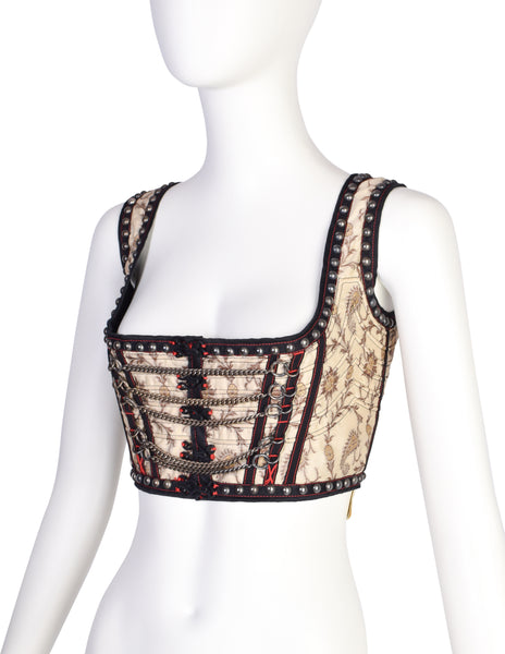 Jean Paul Gaultier Vintage SS 1994 'Les Tatouages' Iconic Brocade Studded Chain Cropped Bustier Top