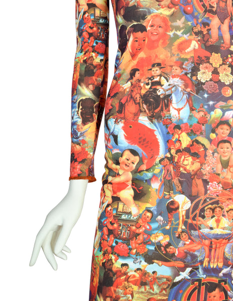 Jean Paul Gaultier Vintage "Chinese Propaganda" Multicolor Print Hooded Maxi Dress