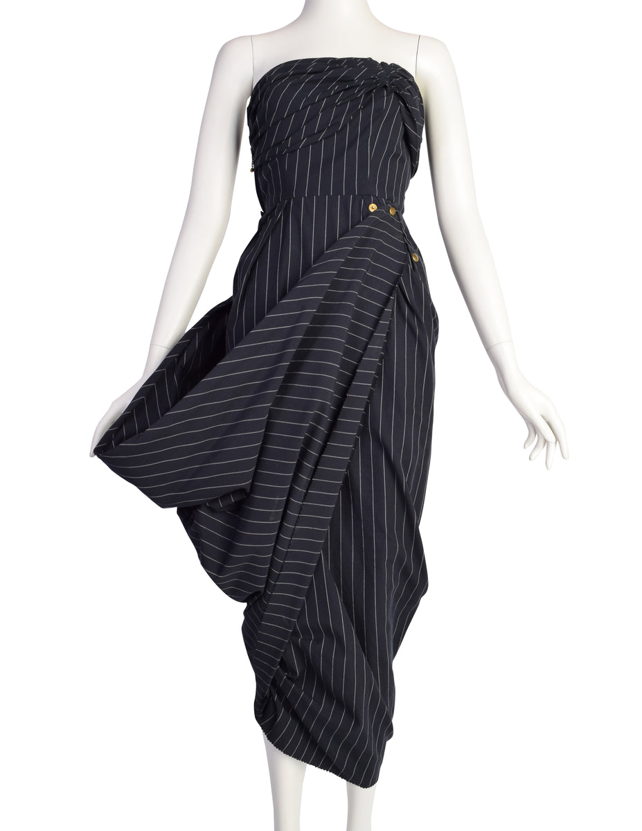 Jean Paul Gaultier SS 1995 Navy Blue White Pinstripe Strapless