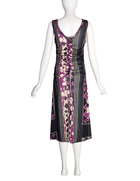 Jean Paul Gaultier Vintage Purple Black Geometric Print Ruched Silk Jersey Dress