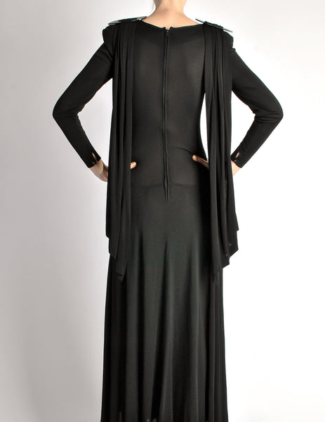 Jean Muir Vintage Black Shoulder Drape Panel Jersey Dress