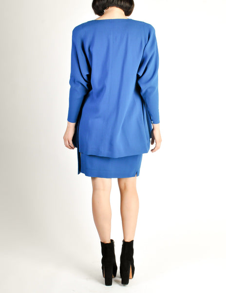 Jean Muir Vintage Cobalt Blue Wool Crepe Draping Wrap Jacket and Skirt Set Ensemble