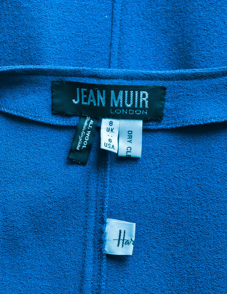Jean Muir Vintage Cobalt Blue Wool Crepe Draping Wrap Jacket and Skirt Set Ensemble