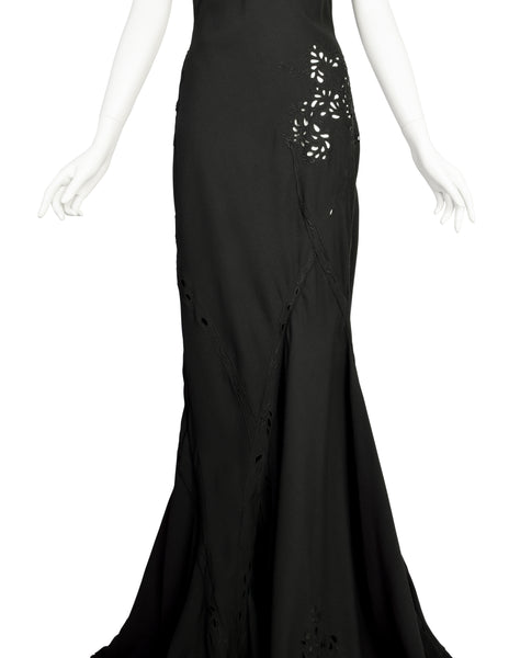 John Galliano Vintage SS 1996 EXCEPTIONAL Black Embridered Eyelet Floral Asymmetric Full Length Gown