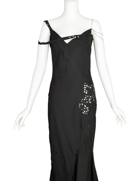 John Galliano Vintage SS 1996 EXCEPTIONAL Black Embridered Eyelet Floral Asymmetric Full Length Gown
