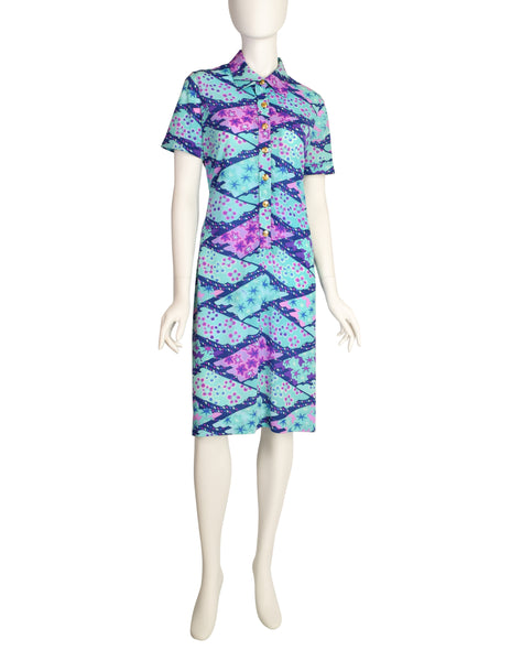 Ken Scott Vintage 1970s Blue Purple Seafoam Aqua Floral Star Print Shirt Dress