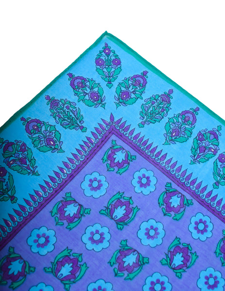 Ken Scott Vintage Blue Green Purple Kitschy Floral Cotton Scarf