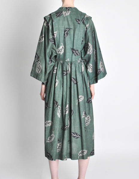 Kenzo Vintage Green Leaf Linen Kimono Dress