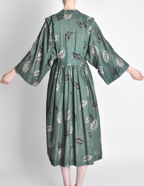 Kenzo Vintage Green Leaf Linen Kimono Dress
