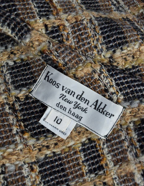 Koos van den Akker Vintage Brown Black Plaid Boucle Knit Layered Coat