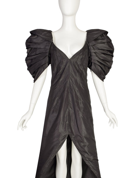 Krizia Vintage AW 2006 Black Silk Taffeta High Low Dramatic Puff Armadillo Sleeve Dress with Long Pointed Train