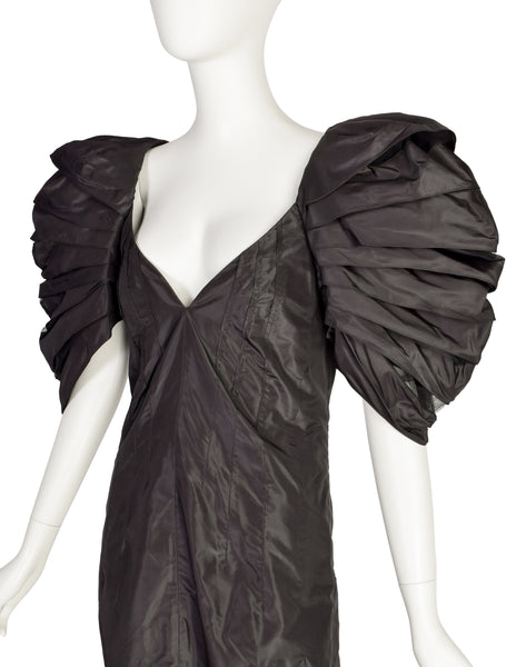 Krizia Vintage AW 2006 Black Silk Taffeta High Low Dramatic Puff Armadillo Sleeve Dress with Long Pointed Train