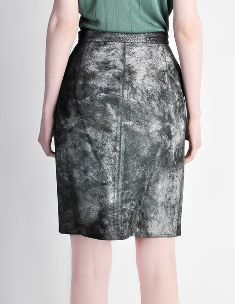 Krizia Vintage Black and Silver Metallic Leather Pencil Skirt