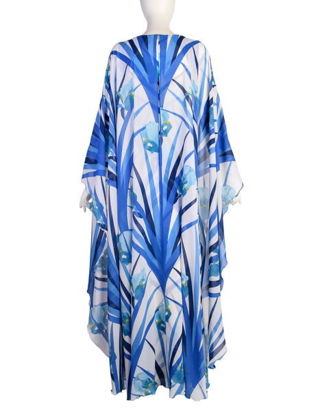 La Mendola Vintage 1970s Stunning White Blue Orchid Floral Jersey Dress