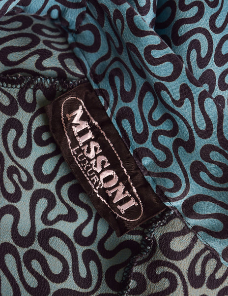 Missoni Vintage 1980s Teal Black Squiggle Print Drawstring Silk Dress