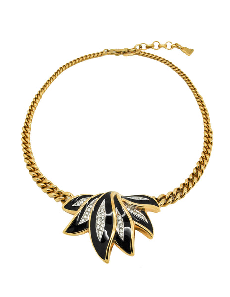 Lanvin Vintage Enamel Rhinestone Lotus Necklace