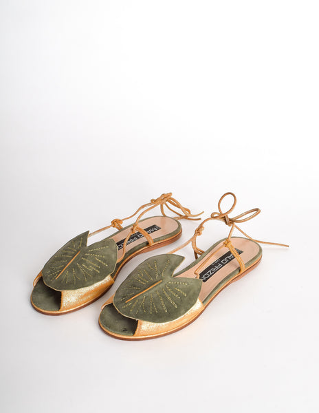 Maud Frizon Vintage Gold Leather & Green Suede Lily Pad Sandals