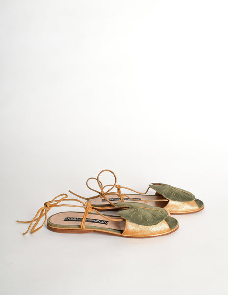 Maud Frizon Vintage Gold Leather & Green Suede Lily Pad Sandals