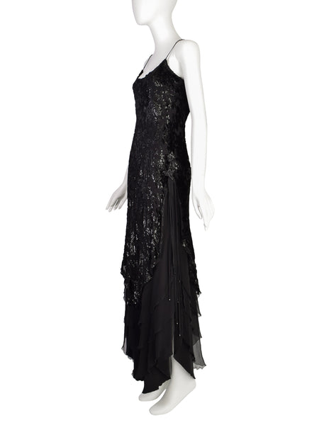 Mira Vintage Black Silk Chiffon Devore Velvet Bias Layered Beaded Dress