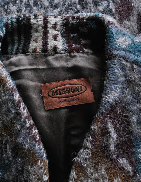Missoni Vintage Grey Multicolor Patterned Knit Mohair Wool Coat