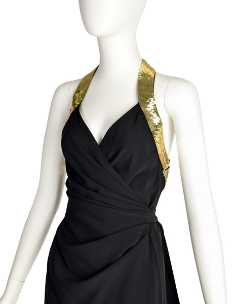Moschino Couture Vintage 1994 Iconic Peace Sign Black and Gold Anniversary Runway Halter Dress