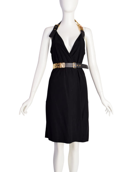 Moschino Couture! Vintage Black and Gold Namesake Letters Surplice Halter Dress with Belt