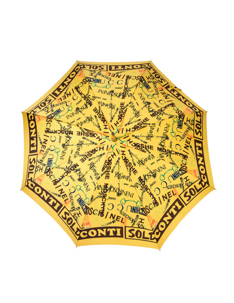 Moschino Vintage Incredible Yellow Multicolor Designer Logo Riff Spoof Umbrella