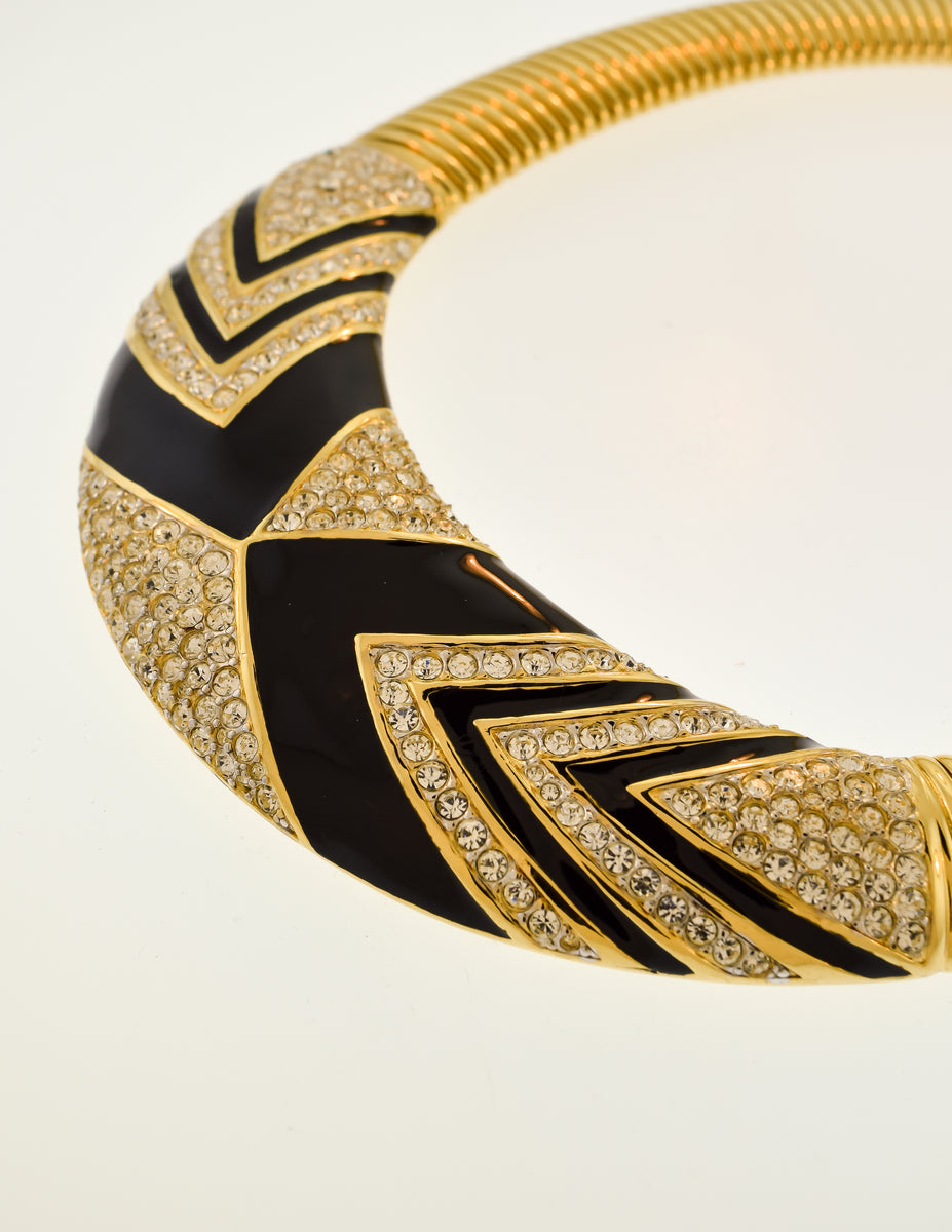 Nina Ricci Vintage Gold Black Enamel Rhinestone Necklace and Earrings