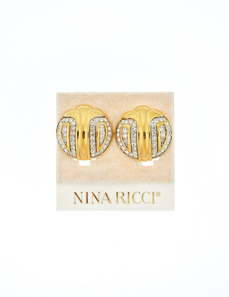 Nina Ricci Vintage Gold Rhinestone Deco Earrings