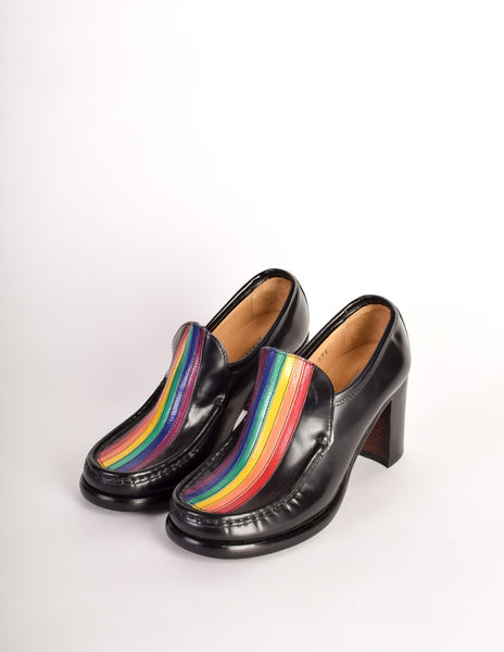 Patrick Cox Vintage Rainbow Stripe Black Leather Heeled Loafer Shoes