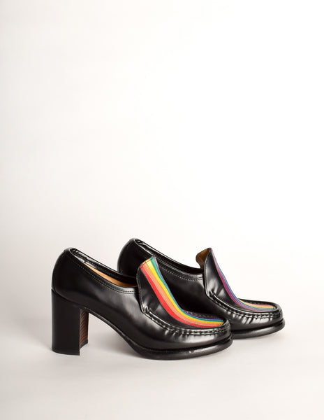 Patrick Cox Vintage Rainbow Stripe Black Leather Heeled Loafer Shoes